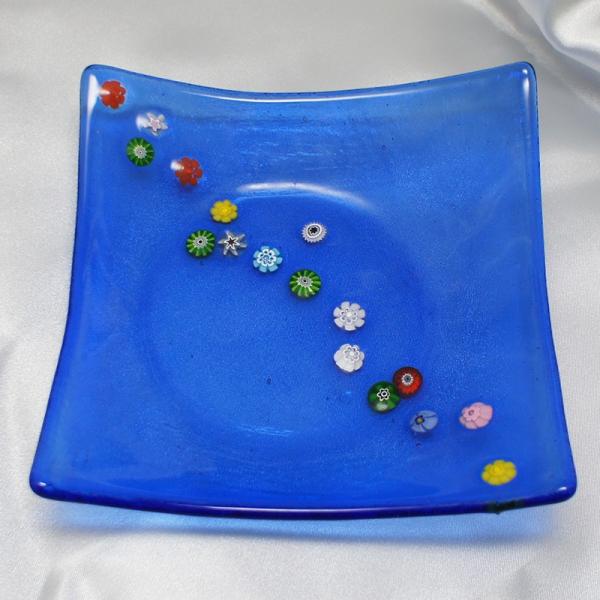 イタリア製　モザイコ　角皿・プレート　ミルフィオーリ　ベネチアングラス　角小　青ブルーB