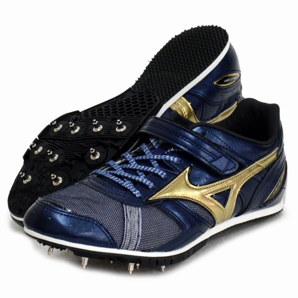 MIZUNO フィールドジオ LJ JAPAN(走幅跳)走幅跳専用モデル。軽量性とダイレクトな踏切を追求。オールウェザーフィールド専用／走幅跳用■カラー：01:ネイビー×ゴールド■サイズ：23.0〜29.0cm■甲材：合成繊維・人工皮革■底...