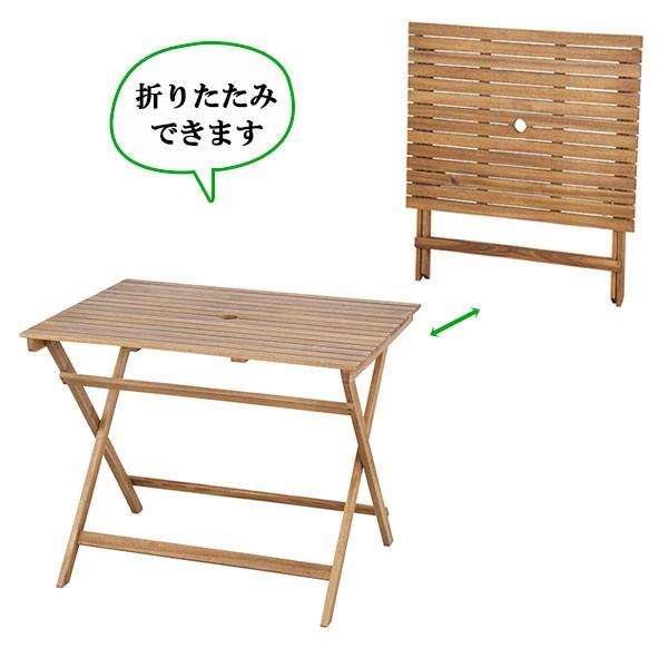 折りたたみテーブル 天然木 オイル仕上 W90 D70 H72 パラソル穴あり