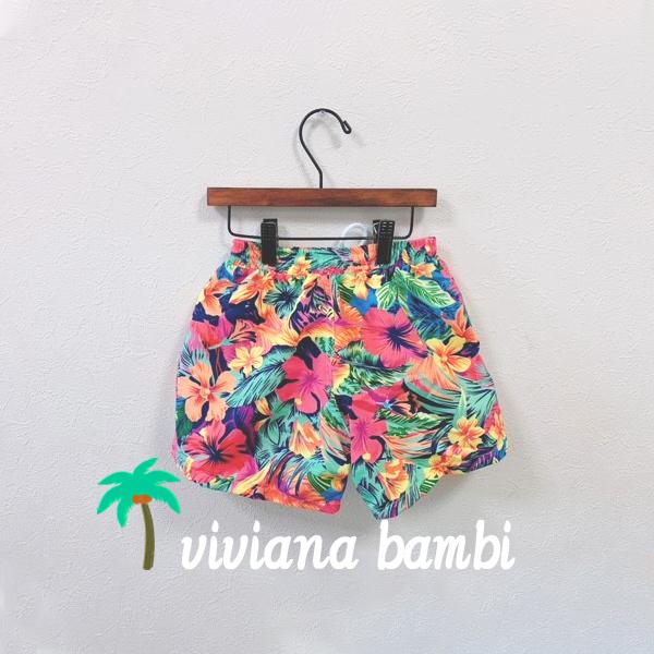 子供 親子リンクコーデ カラフルフラワー水着 サーフパンツ 海パン