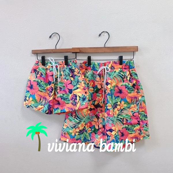 子供 親子リンクコーデ カラフルフラワー水着 サーフパンツ 海パン