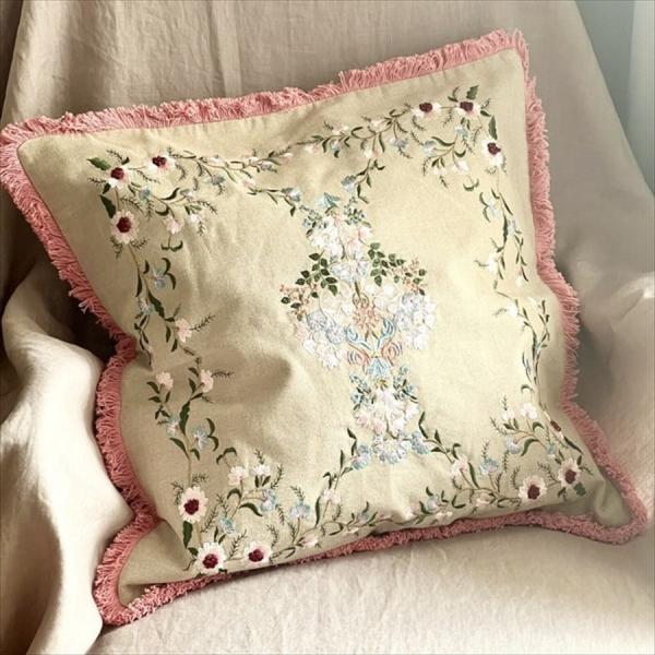 フラワー 刺繍 フリンジ コットンクッション 正方形 ピンク 50×50cm