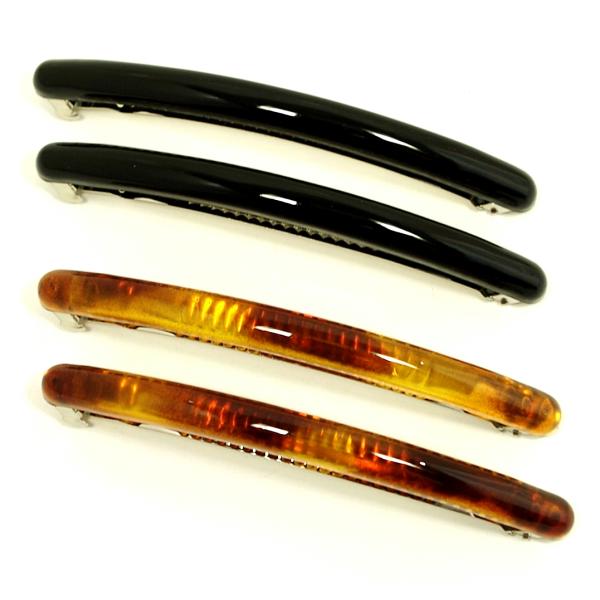 細長いバレッタ。シンプル！　２本でこのお値段！人気で再入荷。「黒＋べっ甲」を選べるようになりました。中バネの無いタイプの金具。髪にぴたっとフィットして浮きません。レギュラータイプよりたくさん挟めます。くし歯で髪を押さえます。まとめ髪に２本使...