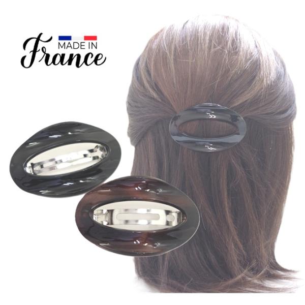 フランス製 楕円 反り返り バレッタ ヘアアクセサリー 中抜き スリーピースバレッタ まとめ髪 部分留め ベーシック シンプル ブラック べっ甲 刻印あり【ray】