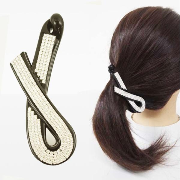 バナナクリップ 小 クリスタル ストーン ツイスト 黒 ヘアクリップ
