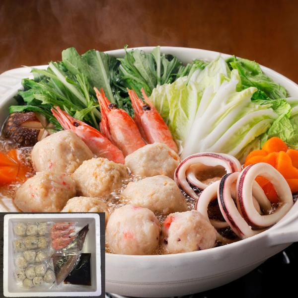 かに入つみれ ・ えび入つみれ ・ とりごぼうつみれ ・ たこ入つみれ など、ボリュームいっぱいのつみれを主役に えび や いか 等の魚介を詰め合わせました。 ４種のつみれ と 各具材 の旨味が鍋いっぱいに広がります。ご自宅の野菜も一緒に煮...