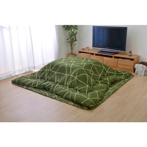 シンプル こたつ布団/寝具 〔幾何柄 掛け敷きセット グリーン 約190cm×190cm〕 正方形 洗える 〔リビング ダイニング〕爆買