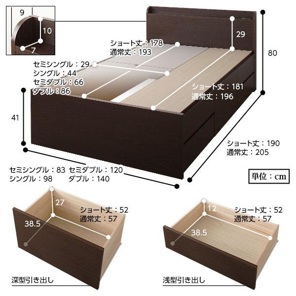 〔お客様組み立て〕 収納 ベッド 薄型 宮付き ショート丈セミシングル 3ゾーンポケットコイルマットレス付き シャビーオーク 日本製 業務用 まとめ買