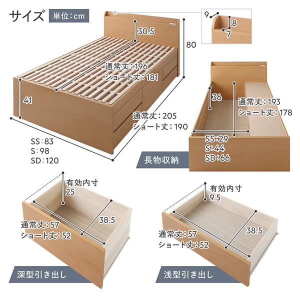 〔組立設置サービス付き〕 収納 ベッド 宮付き 通常丈 セミダブル 3ゾーンポケットコイルマットレス付き シャビーオーク 収納付 棚付 すのこ 日本製爆買