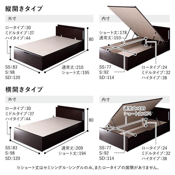〔お客様組み立て〕 日本製 収納ベッド 通常丈 セミダブル フレームのみ 横開き ロータイプ 深さ30cm ブラウン 跳ね上げ式 照明付き 業務用 ま