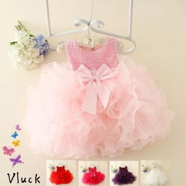 ベビードレス 白 赤 ピンク 薄ピンク ワインレッド 赤　赤ちゃん ふわふわチュールドレス 結婚式 二次会 お宮参り お誕生日 70 80 90 100 110前面に大きなリボン付きの可愛いベビードレスふんわりしてパニエ必要無し結婚式やお呼...