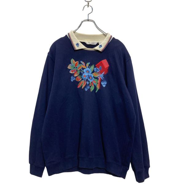 TANJAY 刺繍 スウェット トレーナー L レディース ネイビー ホワイト