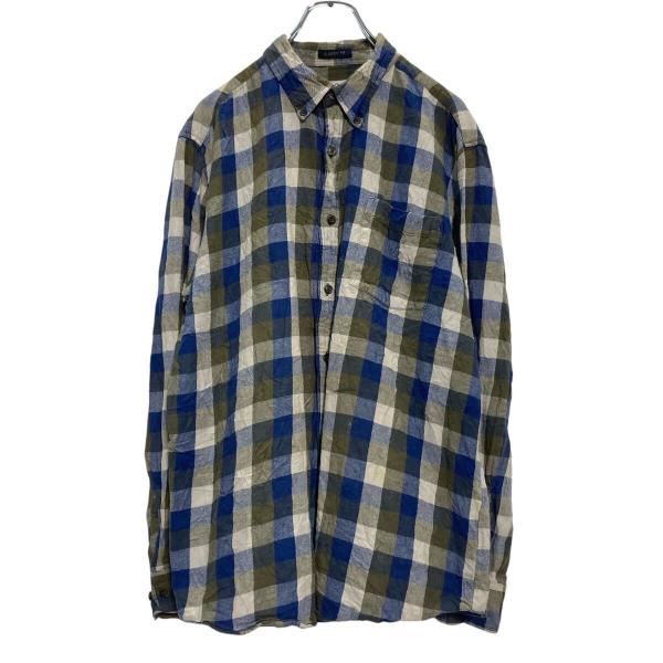 ST JOHN'S BAY 長袖 チェック ネルシャツ L ブルー オリーブ セント