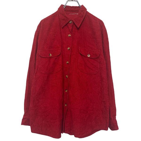 長袖 無地 シャツ L サイズ 程 レッド コーデュロイ ポケット付き 古着