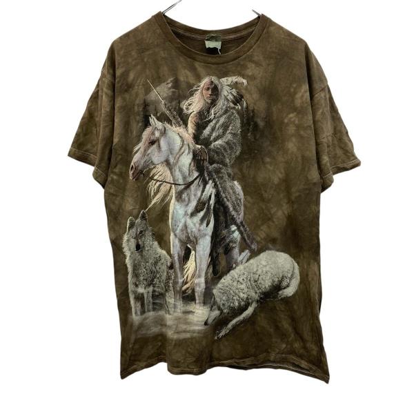 GILDAN インディアン 半袖 プリントTシャツ L カーキ タイダイ