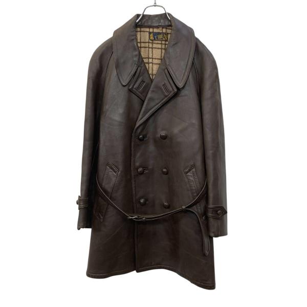 50s ユーロ古着　チェック　ブラウン　レザーコート　雰囲気　茶色　ロング丈　革 Meridian チェック柄コート | レザー - 古着屋グレープフルーツ ムーン