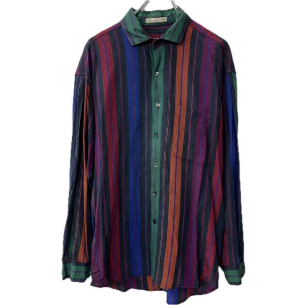 PLATS PLATS マルチカラーストライプ長袖トップス USA製 PERRY ELLIS 長袖 ストライプシャツ L ブラック マルチカラー