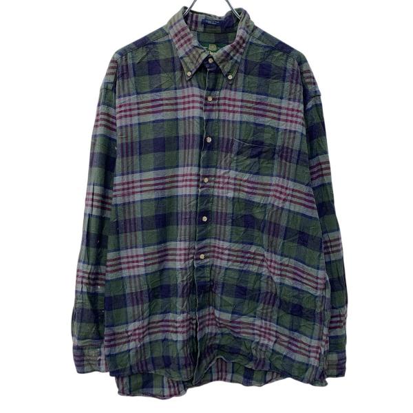 90s USA製 ORVIS 長袖 フランネルシャツ XL グリーン マルチカラー オービス ボタンダウン ボタン チェック柄 胸ポケット 秋物 a803-6120