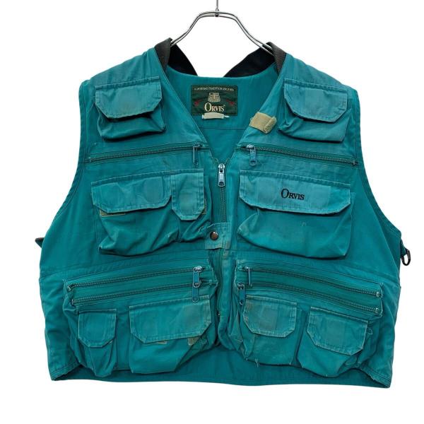 90s ORVIS フィッシングベスト M〜 ターコイズグリーン オービス ジップアップ 90年代 マルチポケット ワンポイント アウトドア a808-5135