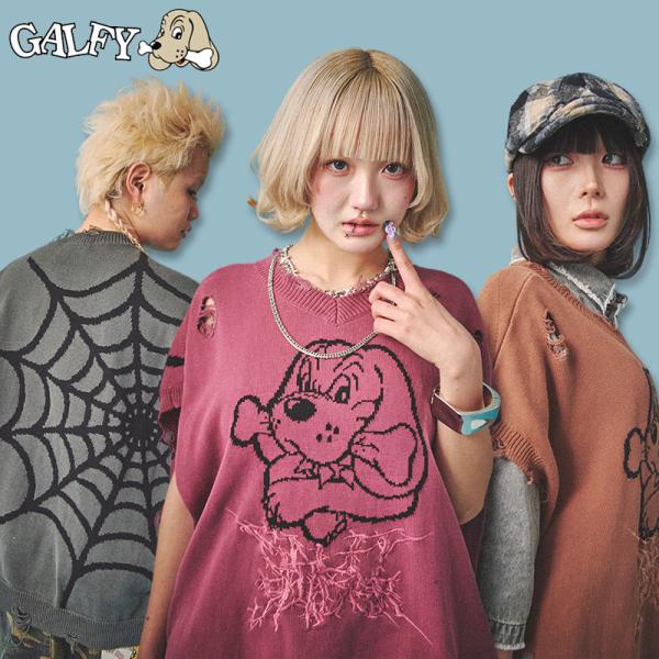 ガルフィー GALFY スパイダー染め染め ニット ベスト 152040 #20 BLACK #30 RED #90 BROWN ヤンキー ギャル メンズ レディース 25SS