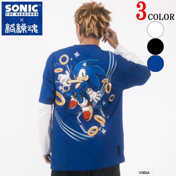 絡繰魂 × ソニック コラボ Tシャツ TEE 半袖 ソニック・ザ・ヘッジホッグ カラクリ KARAKURI TAMASHII 262094 WHITE BLACK BLUE 刺しゅう SEGA 和柄 26SS