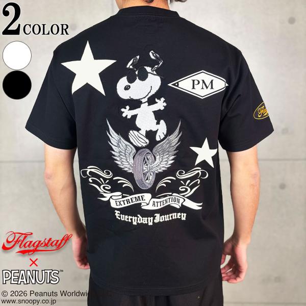 SNOOPY×Flag PEANUTS PM TEE  フラッグスタッフ スヌーピー 刺しゅう 半袖 Tシャツ 462022 バイク ピーナッツ ウッドストック 26SS