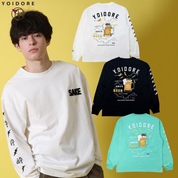 YOIDORE よいどれ KAMINARISAMA ロン TEE 816501 #40 L.GREEN #90 WHITE #99 BLACK クルーネック 長袖 酒 お酒 26SS