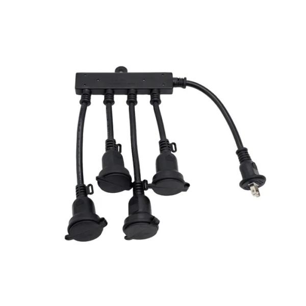 1本の防水延長コードを4分岐して利用できるようにするコード屋外の監視カメラ　灯光器　センサーライト　イルミネーションなどの照明などの利用に便利です。【商品仕様】●プラグ側耐トラッキングキャップ有り●コンセント側に防塵キャップ有り●コンセント...