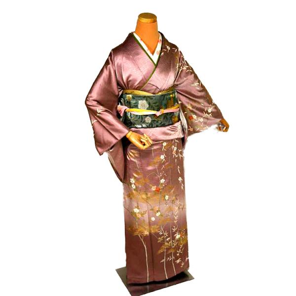 ◆1837◆訪問着　下り藤　牡丹に胡蝶　深緋色　袷　和装着物　身丈：１６７cm 付下げ 付け下げ 訪問着 着物 正絹 袷 フォーマル 華文 黒鳶色
