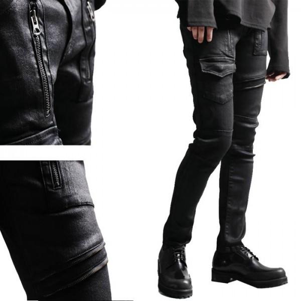 コーティング パンツ バイカーパンツ アシンメトリー スキニー デニム 光沢 ポケット バイカー パンク ファッション メンズ スキニー Black Asymmetry ストリート ロックファッションwad 通販 Yahoo ショッピング