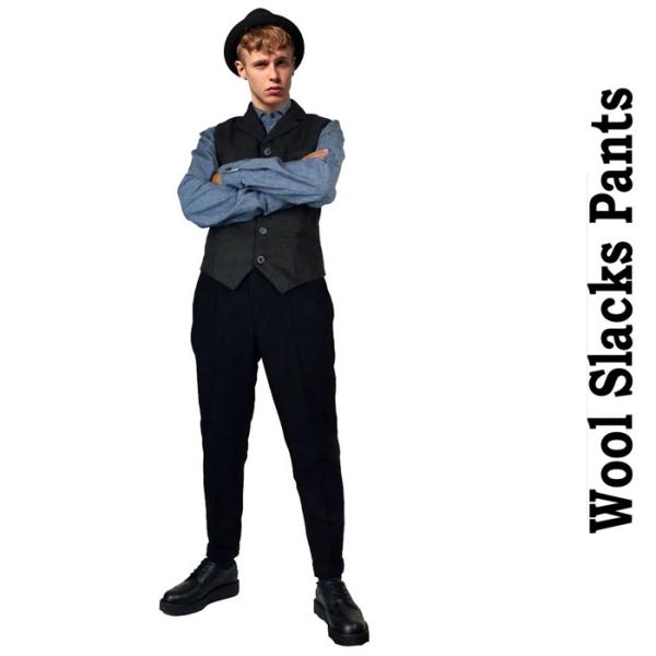 スリム テーパード ブラック ウール アンクル丈 9分丈 スラックス 黒