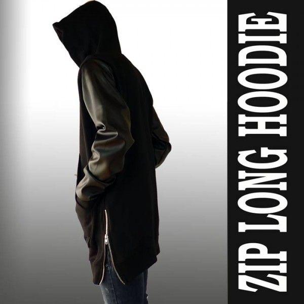 ロングシルエット サイドにZIP＆袖フェイクレザー切り替え パーカー