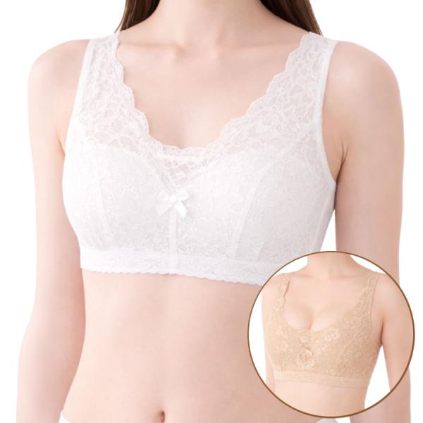 【KIMONOBLEブラジャー　ホワイト/ベージュ】表地にはレースと伸縮性に優れたパワーネットを裏打ちし、サポート力をアップしています。カップ裏のデリケートな部分は綿素材で、サラッと優しい付け心地を実現。着物に合わせやすいなだらかなパターン...