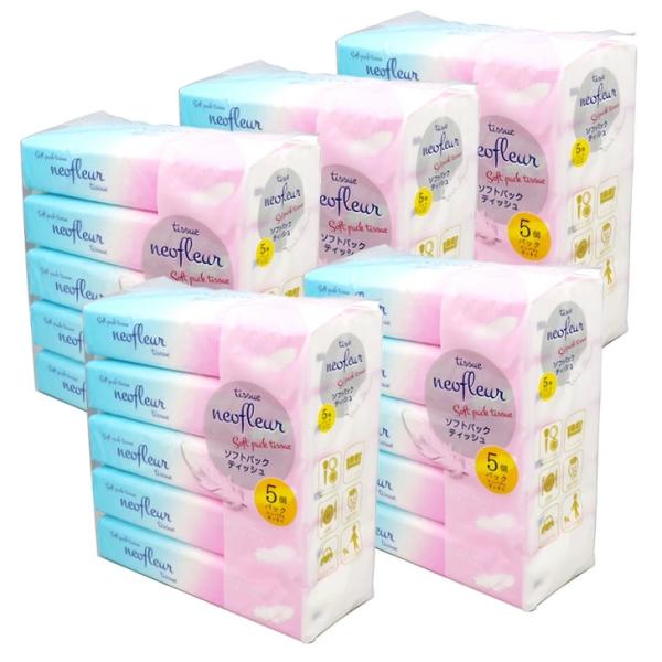 【neofleur tissue ソフトパックティッシュ５個×5】置き場所を選ばないシンプルデザイン！コンパクトなフィルム包装で、持ち運びにも便利です。◇パルプ100％。◇蛍光染料不使用。◇ティッシュペーパーは水に溶けにくいため水洗トイレに...