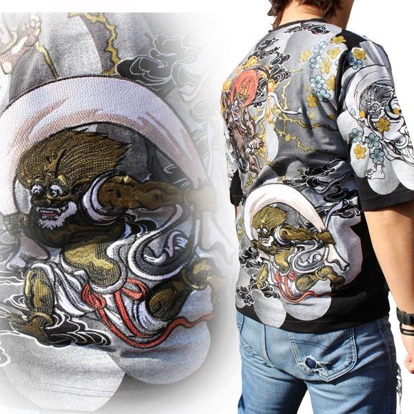 和柄Tシャツ 和柄メンズ 和柄刺繍七分丈Tシャツ風神雷神柄【T182