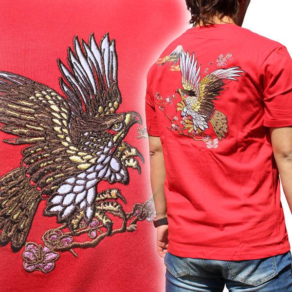 和柄tシャツ 和柄半袖Tシャツ 鷹【YH22102RED】和柄刺繍Tシャツ絡繰魂