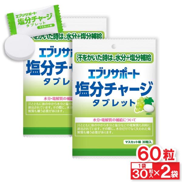 汗をかいた時は、水分+塩分補給エブリサポート塩分チャージ タブレットマスカット味30粒入（1袋当たり）本品を噛むか、なめてお召し上がりください。あわせて水分補給することをおすすめします。水分・電解質の補給について汗とともに体の中から水分と塩...