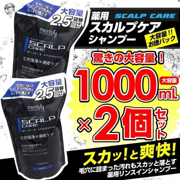 スカルプシャンプー 詰め替え 薬用 スカルプ 毛穴洗浄 頭皮ケア  メンズ リンスインシャンプー 1000ml 2個セット 大容量1リットル 詰替用 医薬部外品