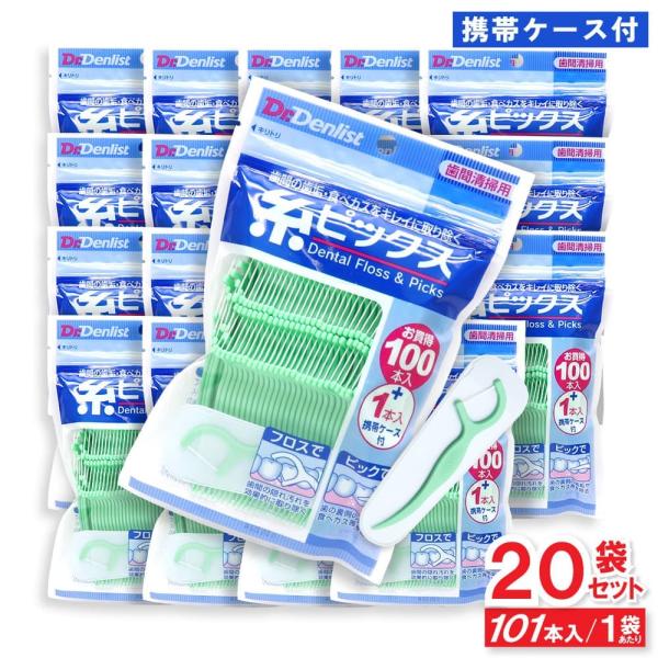 糸ピックス 101本入り ×20袋セット 携帯ケース付 歯間清掃用 デンタルフロス ピック