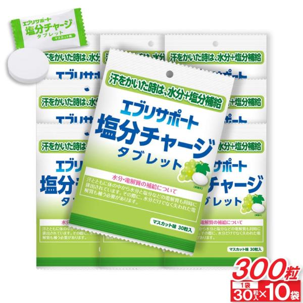 汗をかいた時は、水分+塩分補給エブリサポート塩分チャージ タブレットマスカット味30粒入（1袋当たり）本品を噛むか、なめてお召し上がりください。あわせて水分補給することをおすすめします。水分・電解質の補給について汗とともに体の中から水分と塩...