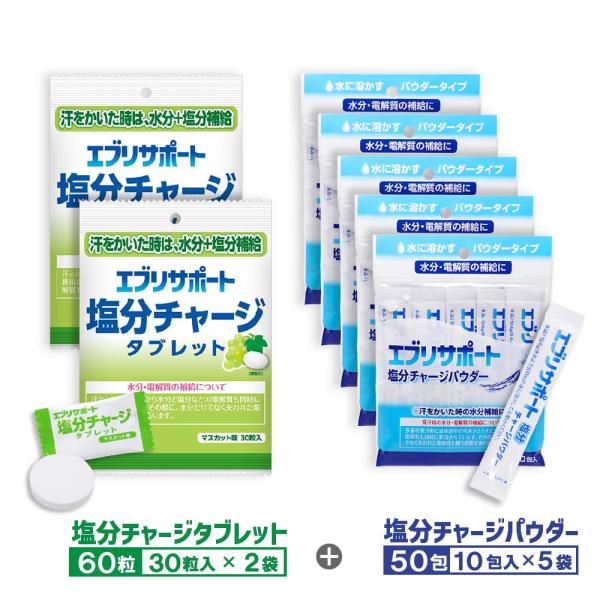 エブリサポート塩分チャージ 塩分補給 マスカット味 60粒（30粒入×2袋）+パウダー 粉末 50包（10包入×5袋） セット汗をかいた時は、水分+塩分補給●エブリサポート 塩分チャージ タブレット マスカット味本品を噛むか、なめてお召し上...