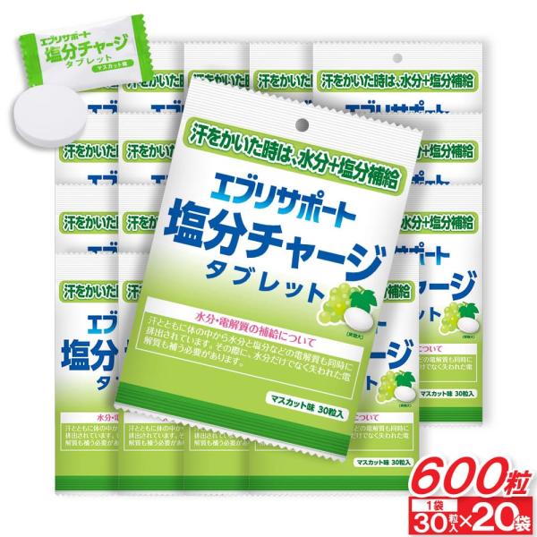 汗をかいた時は、水分+塩分補給エブリサポート塩分チャージ タブレットマスカット味30粒入（1袋当たり）本品を噛むか、なめてお召し上がりください。あわせて水分補給することをおすすめします。水分・電解質の補給について汗とともに体の中から水分と塩...