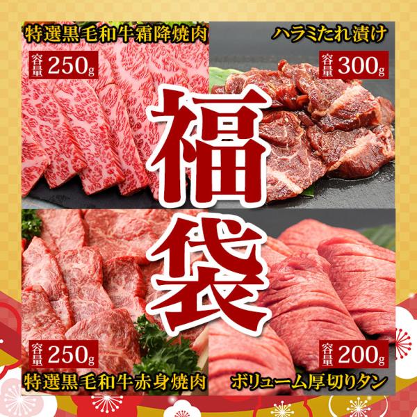 ■商品名称：焼肉セット 福袋■内容量：黒毛和牛 霜降り焼肉250g、黒毛和牛 赤身焼肉 250g、ハラミたれ漬け 300g、牛タン200g■消費期限：別途商品ラベルに記載■保存方法：冷凍庫にて保存■加工業者名：歩商事株式会社 和牛壱場■加工...