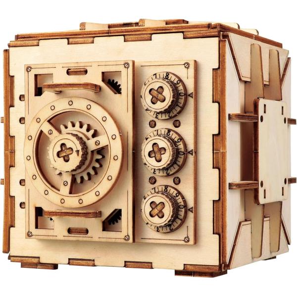 本格的なダイヤル式金庫を作ってみよう！接着剤や工具なしで本格的なダイヤル式金庫型貯金箱が作れるクラフトキット。3桁の暗証番号でロックできる！パッケージサイズ：24×223×138mm。重量：260g。詳細サイズ：110×110×110mm。...