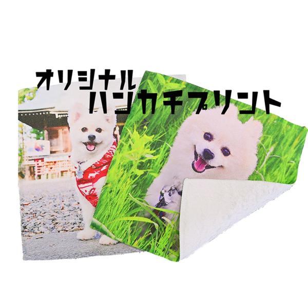 自分だけのオリジナルハンカチを作ってみませんか？吸水性のいいほぼフェイスタオル並みのハンカチ素材でのオリジナルプリント商品です。作りたいお手持ちの画像を当店に送信していただき、その画像をハンカチ素材にプリントいたします。