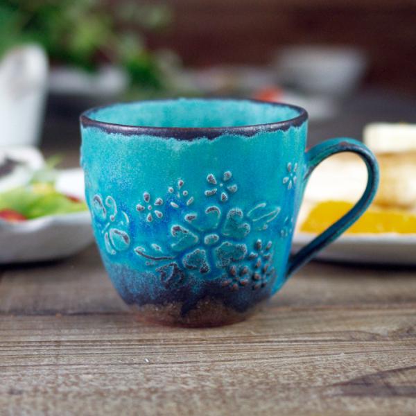 ガーデン マグカップ シャビーターコイズ 益子焼 花柄 ブルー マグ お家カフェ わかさま陶芸