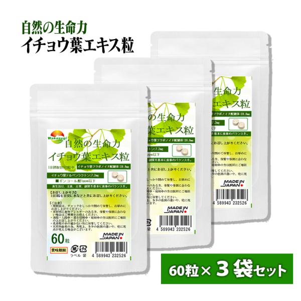 イチョウ葉エキス粒 60粒 3袋セット計180粒約3か月分 含有率に