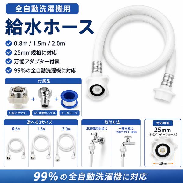 ナノバブル洗濯ホース 0.8m/1.5m/2m 洗濯機用 給水ホース ナノバブルウォッシュホース 延長ホース 洗浄力アップ 取付簡単
