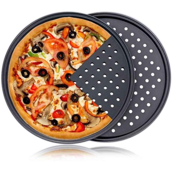 ピザプレート ピザ焼きトレー グリルパン グリル 焦げ付き防止 浅底 丸型 ピザパン 箱入り 耐熱皿 お手入れ簡単 穴開け オーブンベーキングトレイ パ