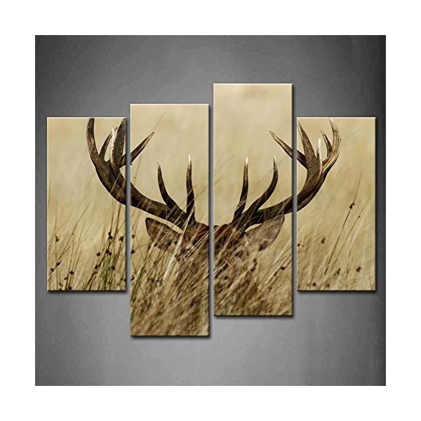 4パネル壁アートDeer Stag With Long Antler In The Bushes絵画プリントキャンバス動物の画像ホーム装飾